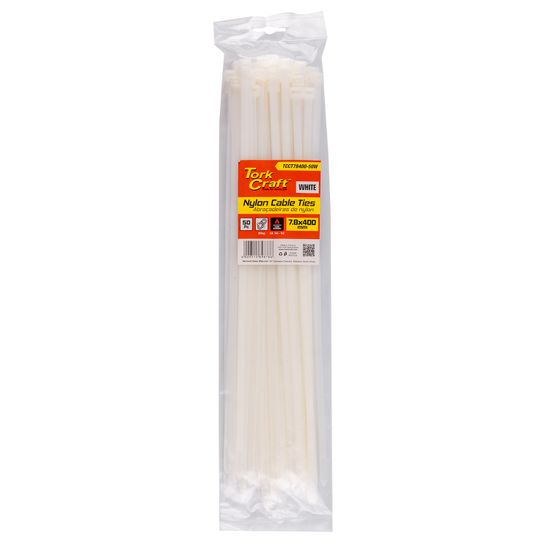Nylon Cable Ties 7.6mm X 400mm White 50pc