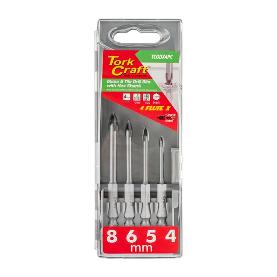 Glass & Tile Drill 4 Flute Set 4pc 4/5/6/8mm In Plastic Case